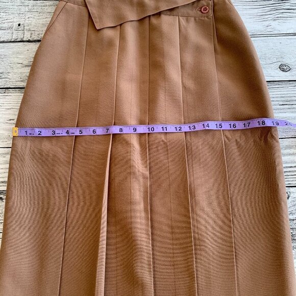 Vintage Camel Pleated High Rise Asymmetric Waist Midi Skirt - Picture 14 of 15
